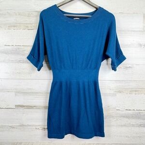 Express Blue Mini Sweater Dress Dolman Short Slv Stretch Knit Textured Fitted S